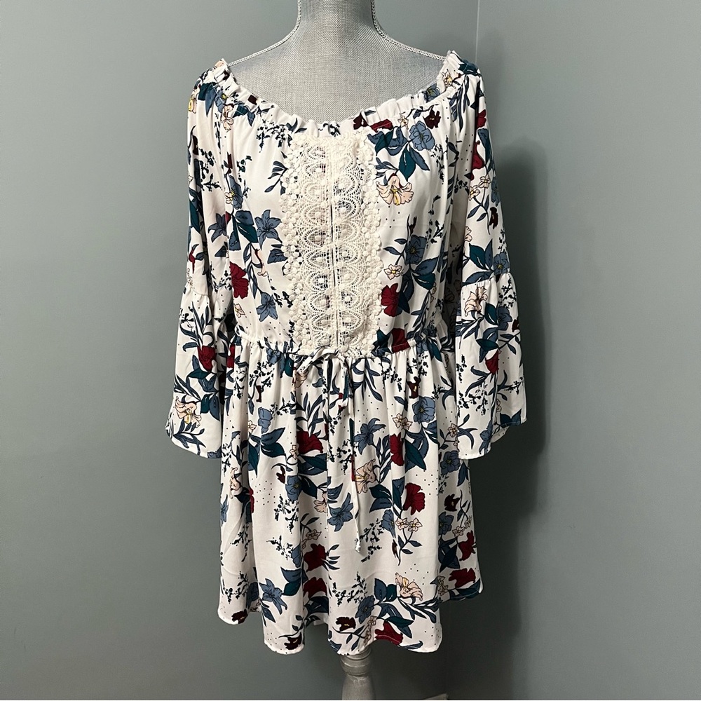 BOOHOO off the shoulder floral print dress size 12 bell sleeves wedding boho